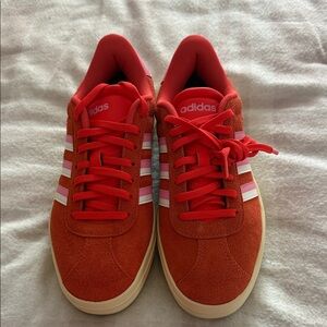Adidas Scarlet Suede Sneakers with White Stripes